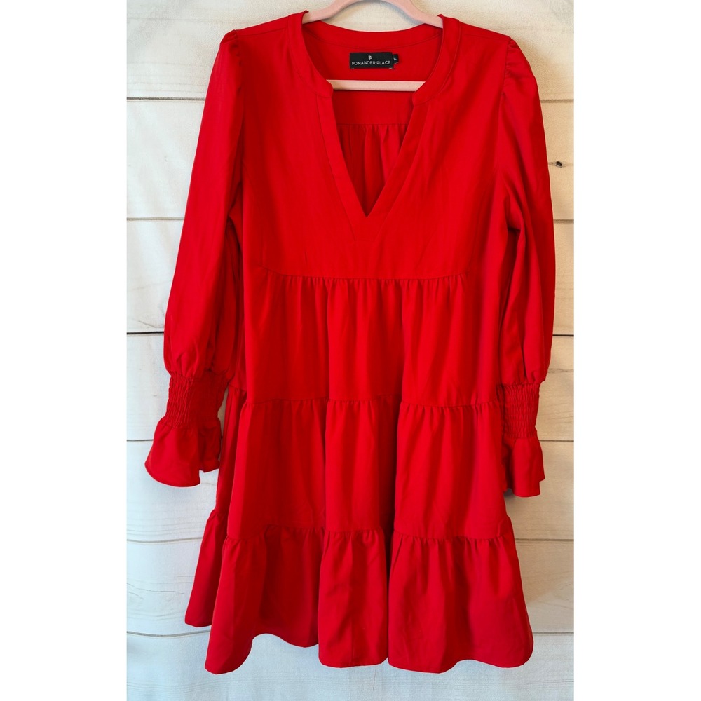 Pomander Place Red Tiered Mini Dress V-Neck Smocked Ruffle Sleeve XL Y20393T